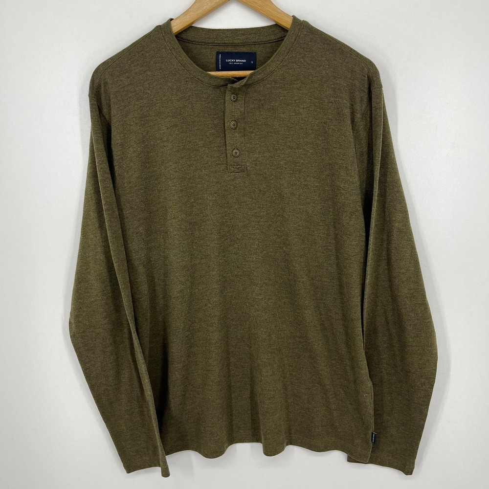 Lucky Brand Mens Henley Shirt Olive‎ Green Heather Long Sleeve Tencel Blend L